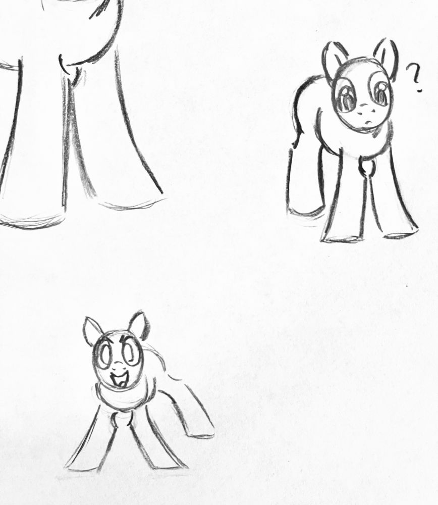 Pencil sketches of ponies. The top left pony is cut off where you can only see their front legs. The top right pony is facing forward and leaning their head down, making a curious face with a question mark next to them. The bottom left pony is facing forward, leaning the front of their body down with their front legs widened in a “play bow” style, similar to a dog. They have an hyper expression.