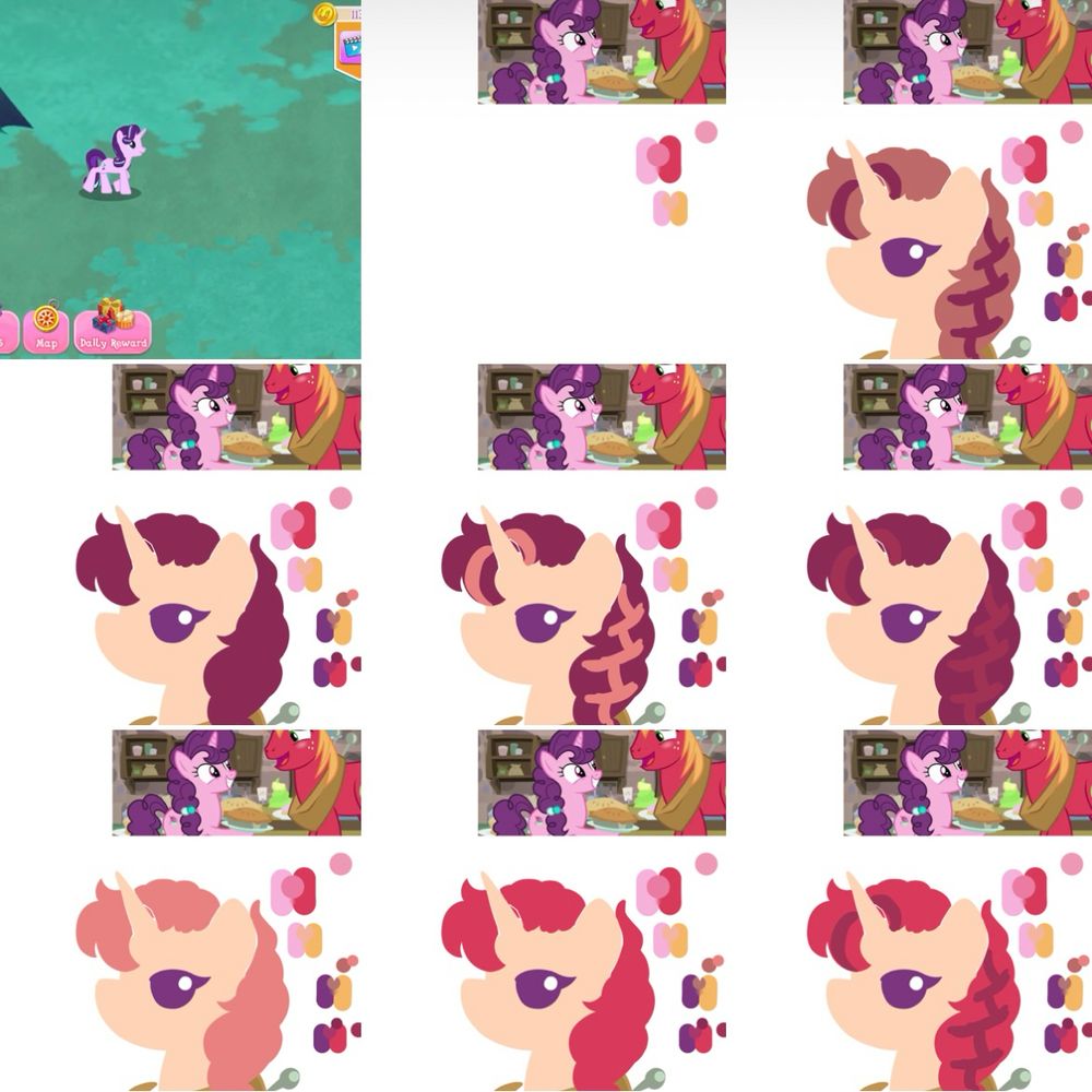 A collection of photos of concept art for a unicorn, each with varying colors of hair and coat. Mainly oranges, reds, and pinks.