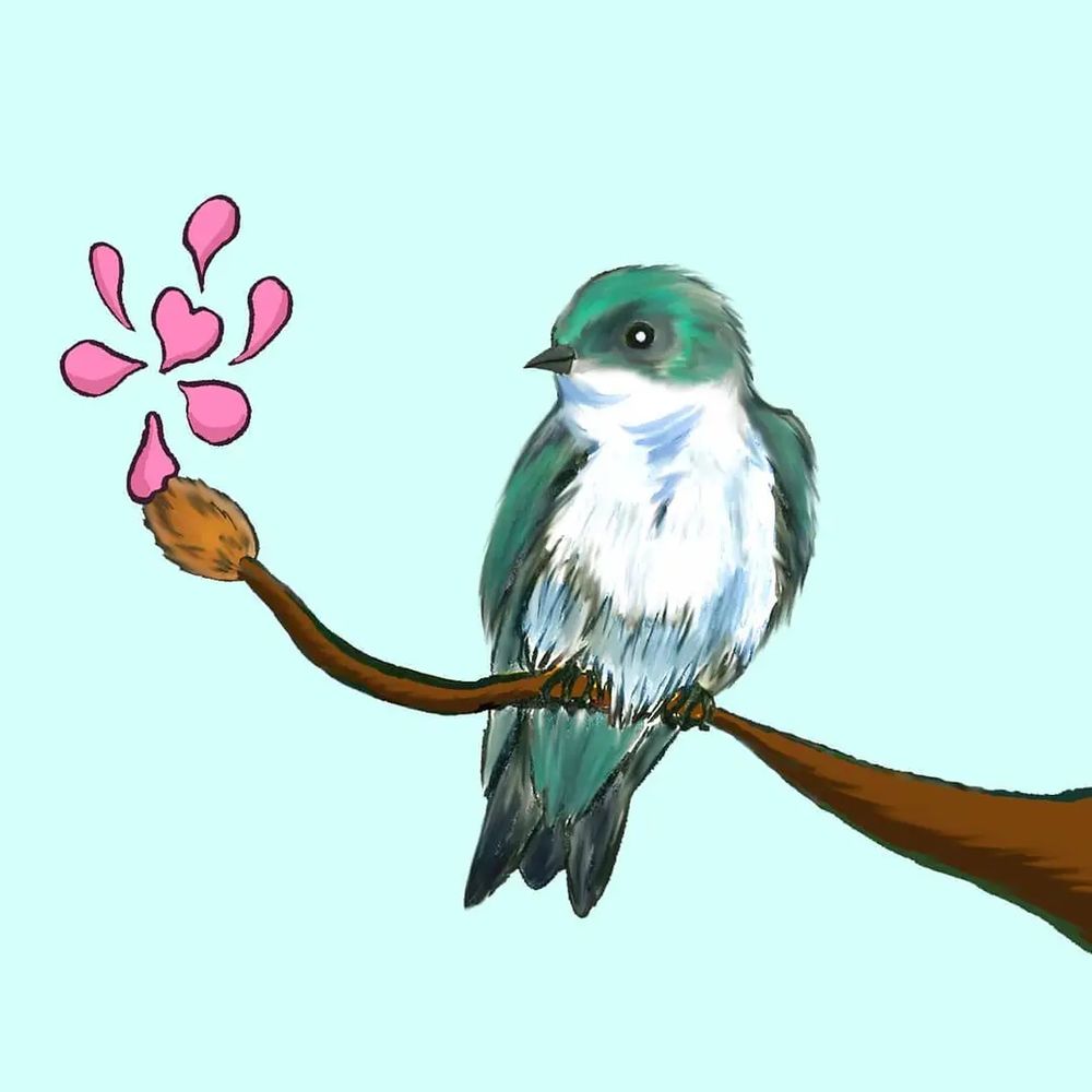 Digital Painting of a Bluish Green Tree Swallow sitting on a Brown Branch with a Pink Flower turning into a Heart Shape from a Flower Bud at the end of the Branch