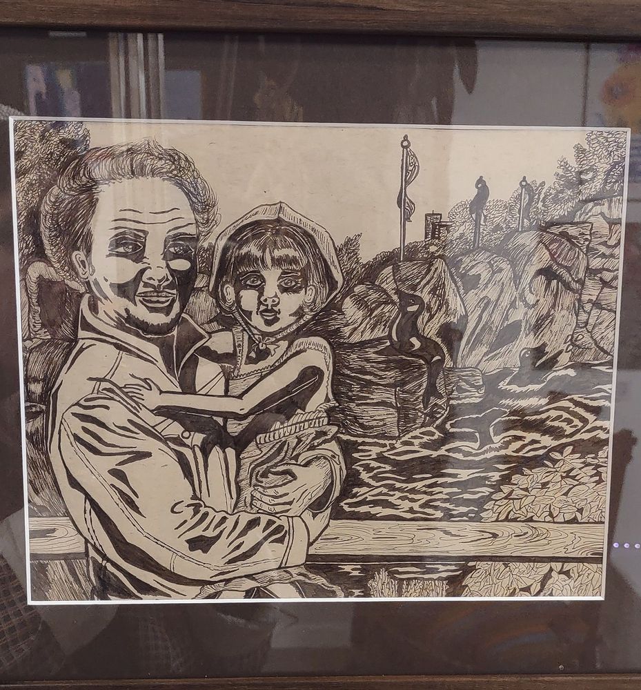 Zoomed in view of an illustration I did of my Dad in memoriam, which is an ink drawing with brown ink on brown paper of he and I years ago (him holding me up at the zoo while the seals were behind us).