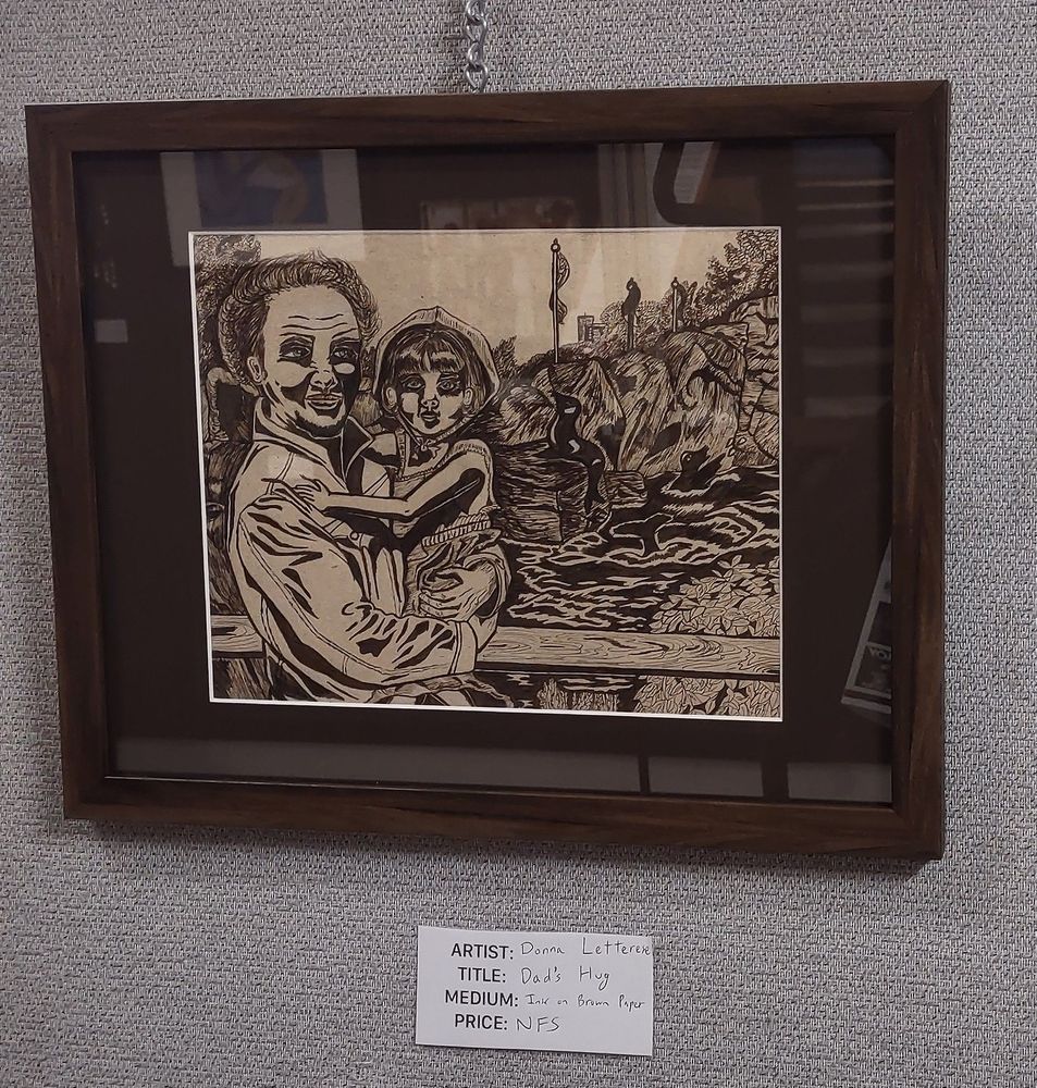 Closer view of an illustration I did of my Dad in memoriam, which is an ink drawing with brown ink on brown paper of he and I years ago (him holding me up at the zoo while the seals were behind us).