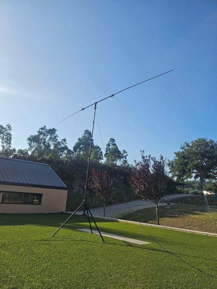 Picture of the antenna about 4 meters up in the air, while having a span of over 5 meters. The antenna is standing in grass next to a house 