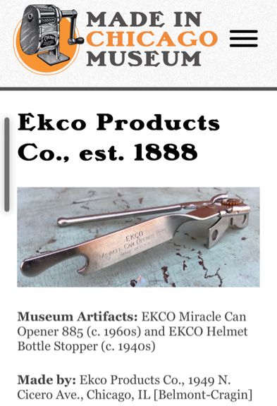 Ekco Miracle can opener made in Chicago in the 1960s when my parents lived there. 