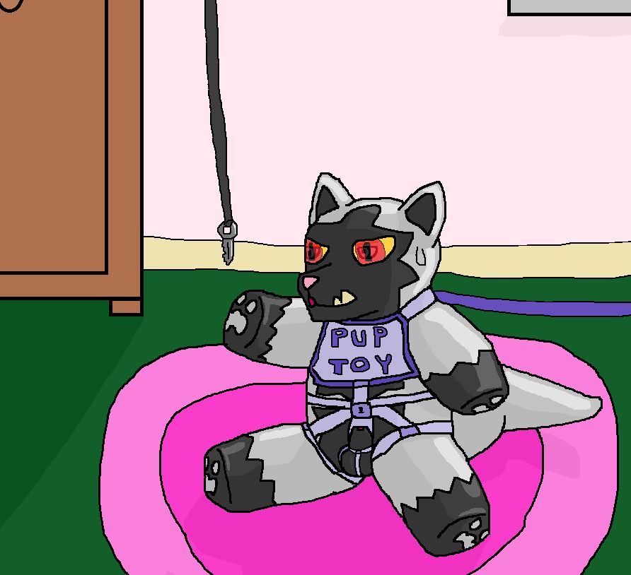 A Poochyena style rubber bitchsuit, with stubby arms and legs, exposed canine sheath (really a chastity cage of sorts), and a full body purple harness with “pup toy” on the front, a leash on the back connected offscreen. Eyes are transparent colored rubber showing an annoyed expression underneath and he’s trying to reach a key he has no chance of even using (also it’s not even the key to the suit).