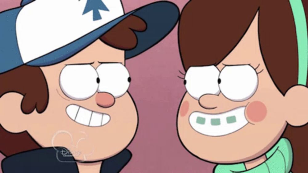 dipper and mabel from gravity falls are looking at each other and smiling