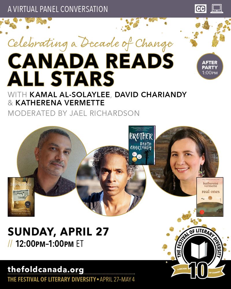 Words say "Canada Reads All Stars" and below are three headshots of authors participating in the event. 