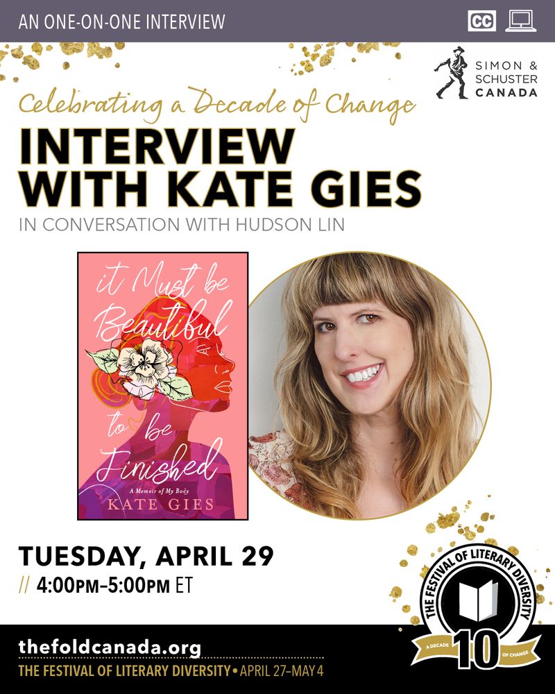 Graphic of an author smiling for the camera, with a picture of her book cover beside her. The words INTERVIEW WITH KATE GIES is written above her in black and gold letters. 