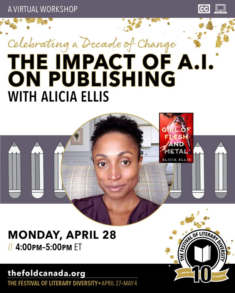 Graphic of a Black woman smiling, with cartoon pencil behind her. The words THE IMPACT OF AI ON PUBLISHING is written above her in gold and black letters