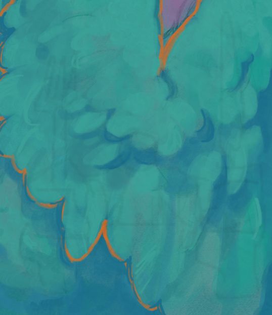 Colored and shaded drawing of a blue/teal wing with orange outlines