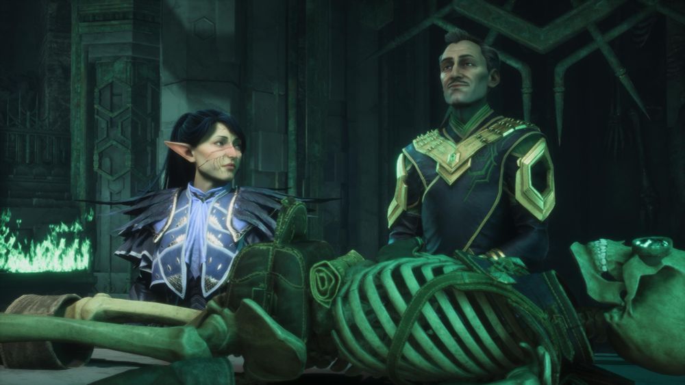 blue haired elf with a face scar and vallaslin (rook) looking at emmrich volkarin. manfred, a skeleton, is lying down in front of them