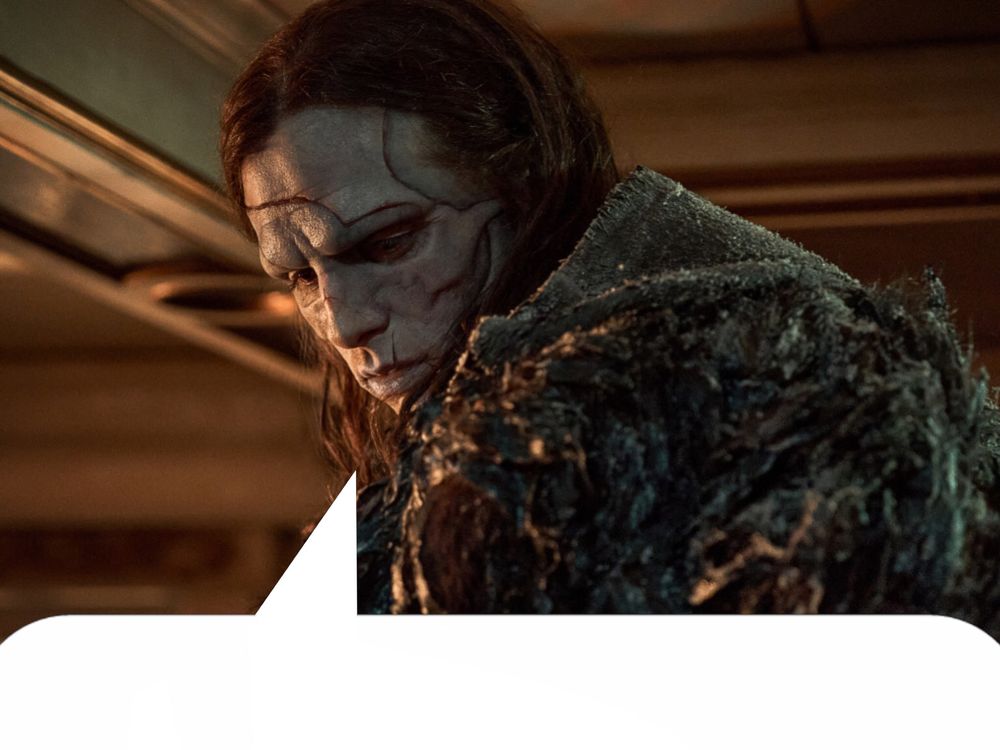 Photo of Jacob Elordi as The Creature / Adam in the captain’s quarters of the Horizont (Guillermo del Toro's Frankenstein). There’s a partial speech bubble at the bottom of the image directed at the post below.