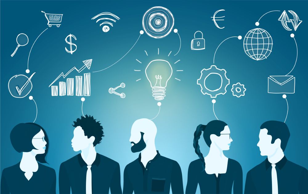 Artistic illustration of a team of professionals with various hand-drawn business-oriented icons above them. 
