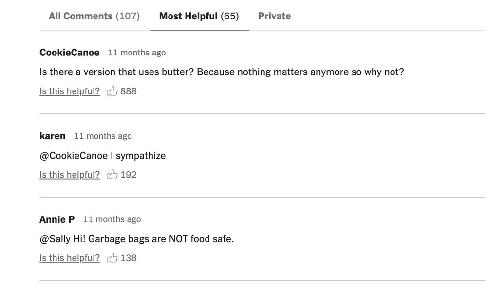 Same as above, but with Annie P helpfully telling someone "Hi! Garbage bags are NOT food safe."