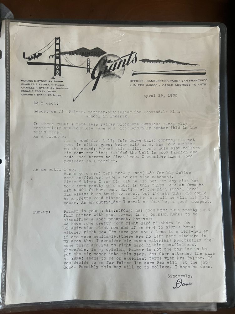 The scouting report that told the Giants to pass on a teenaged Jim Palmer. Says he's a good prospect as a hitter or a pitcher, but if they're going to sign a bonus baby, it should be a left-hander.