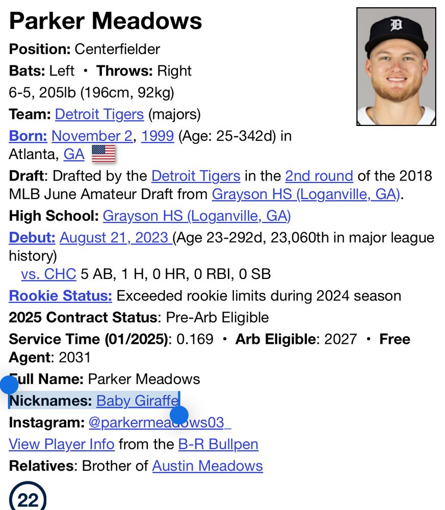 A screenshot of Parker Meadows’ Baseball-Reference page. Apparently, his nickname is Baby Giraffe, too. 