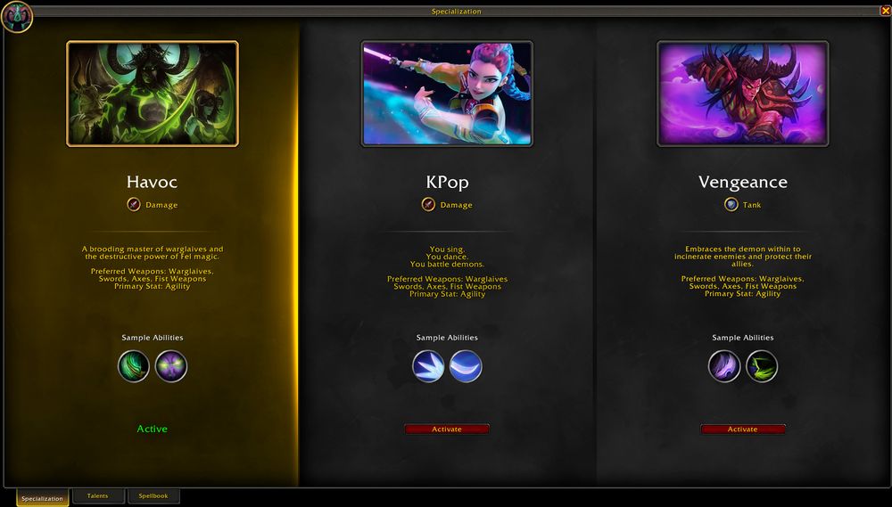 Image of the Demon Hunter talent tree with a fake K-Pop spec, with an image of Rumi from K-Pop Demon Hunters.