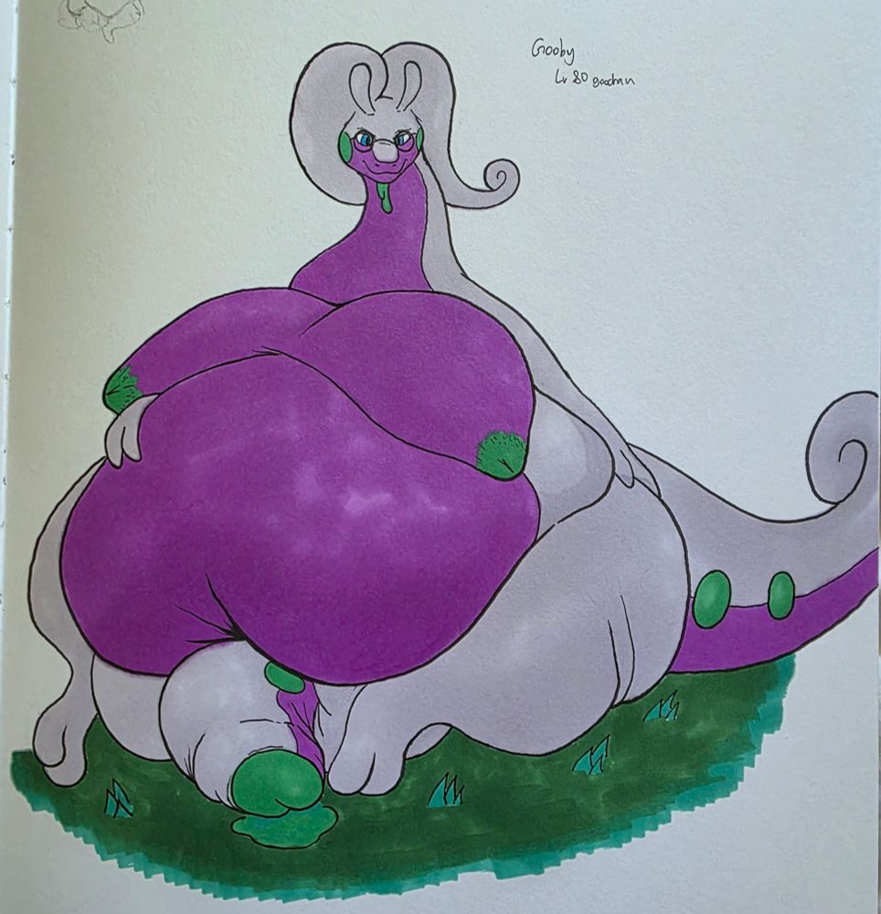 Gooby, a goodra, sits letting it all hang out, moobs spilling over his generous tum, junk spilling across the grass leaking and looking rather smug with himself 