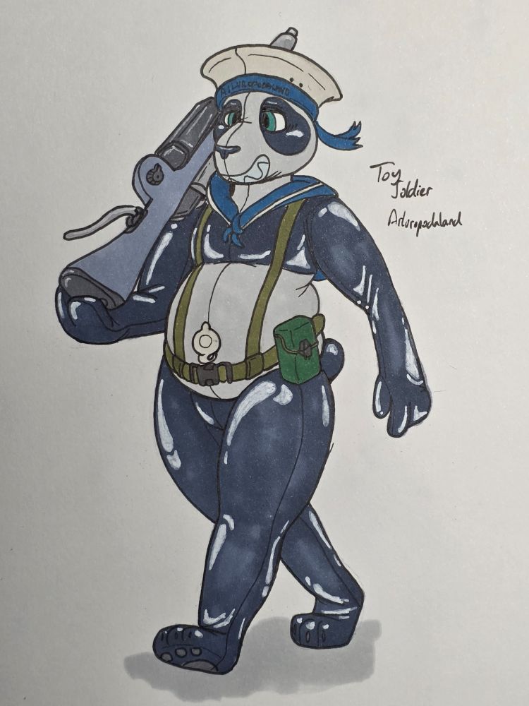 A pooltoy panda in sailor cap, webbing and rifle along up on it's shoulder marching along.