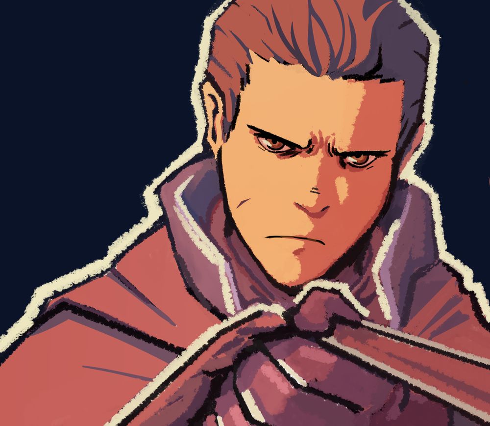 An illustration of Vyce Bozeck from the lawful route holding someone off-screen by their cape/collar. 