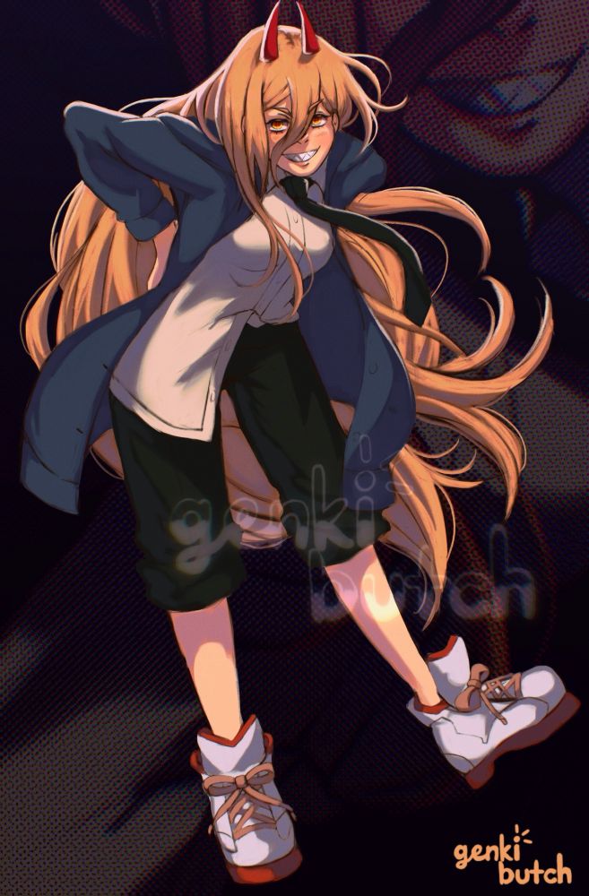 A full-body illustration of Power from Chainsaw Man standing while slightly leaning forward with her arms behind her back and giving a smile to the viewers, exposing her sharp teeth. She has long blonde hair and wears a navy coat,white dress shirt with a black tie, black capris, and white sneakers. On the top of her head are two red “devil” horns.