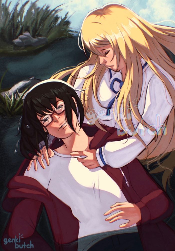 A fanart of two female light novel/anime characters- Sorawo and Toriko from Otherside Picnic. One woman has short, black hair, a white shirt, and a red hoodie looking into the distance with an exhausted expression and loose body language being held by the other woman with long blonde hair, a white dress shirt with a blue ribbon, and a close eye solemn expression in a pond surrounded with grass under a blue, cloudy sky.