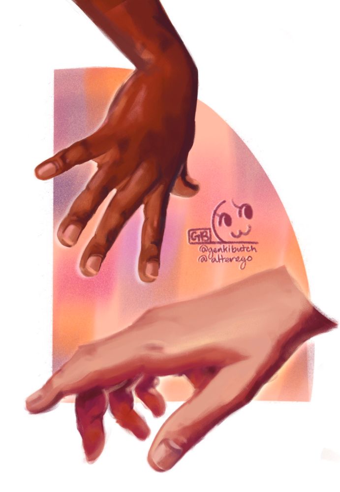 A digital illustration of two disembodied hands floating in mid-air. One hand is a hand with dark brown skin reaching down from above with its digits lightly spread out, and another hand is below it slightly enlarged and with a finger pointing to the left. Behind both hands is a quarter circle colored with orange, pink, and purple textured paint strokes.
