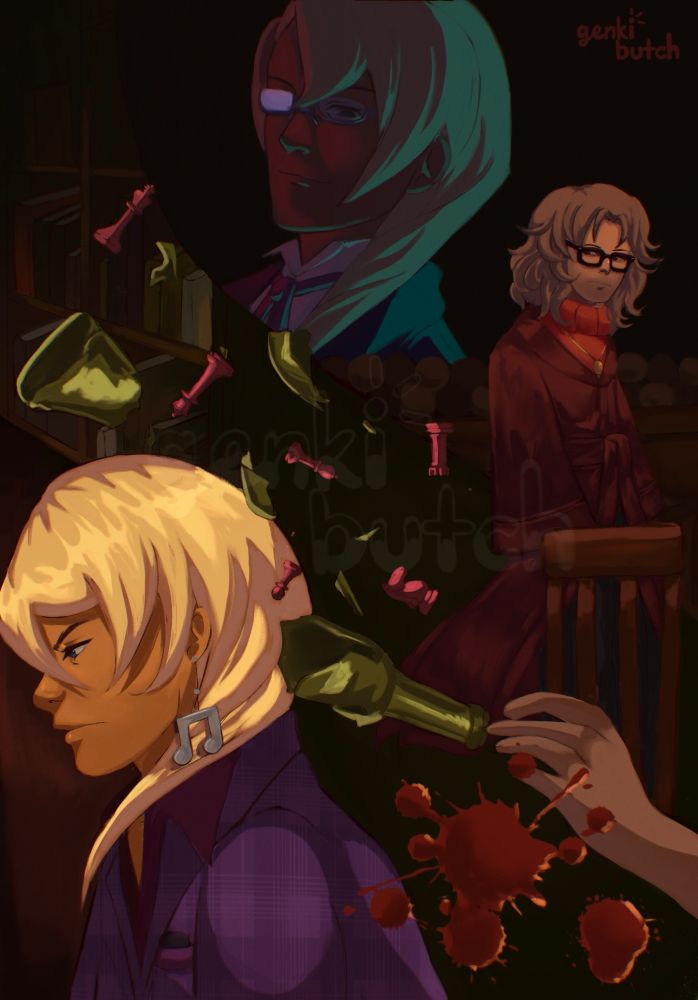 A digital collage cover illustration featuring the characters Klavier Gavin, Miles Edgeworth, and Kristoph Gavin from the Ace Attorney Franchise. On the lower left corner, Klavier is pictured looking serious towards the left. Behind him is a hand with a blood splatter, broken glass bottle, and chess pieces scattered across the art for decoration. 

In the middle-right of the piece is an AU version of Miles donned in a bathrobe and turtleneck sweater. He is standing behind the witness stand with a crowd of members in the court gallery featured behind him. To the left of him is a bookshelf full of books.

Behind all of them is Kristoph, looking down with a smile ominously in dramatic lighting. 

