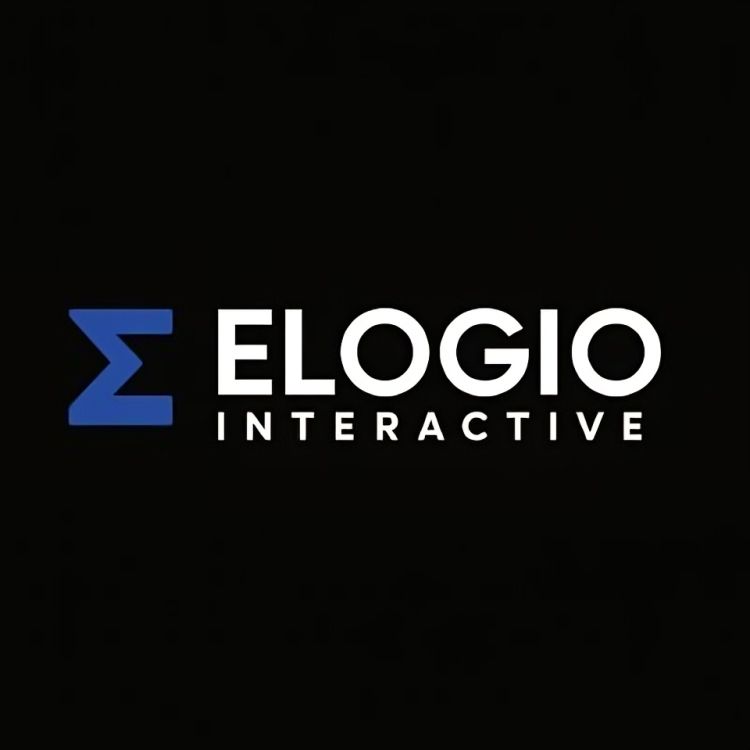 Logo of Elogio Interactive. A bold blue Greek sigma symbol (Σ) on the left, followed by the words "ELOGIO INTERACTIVE" in clean white uppercase letters on a black background.