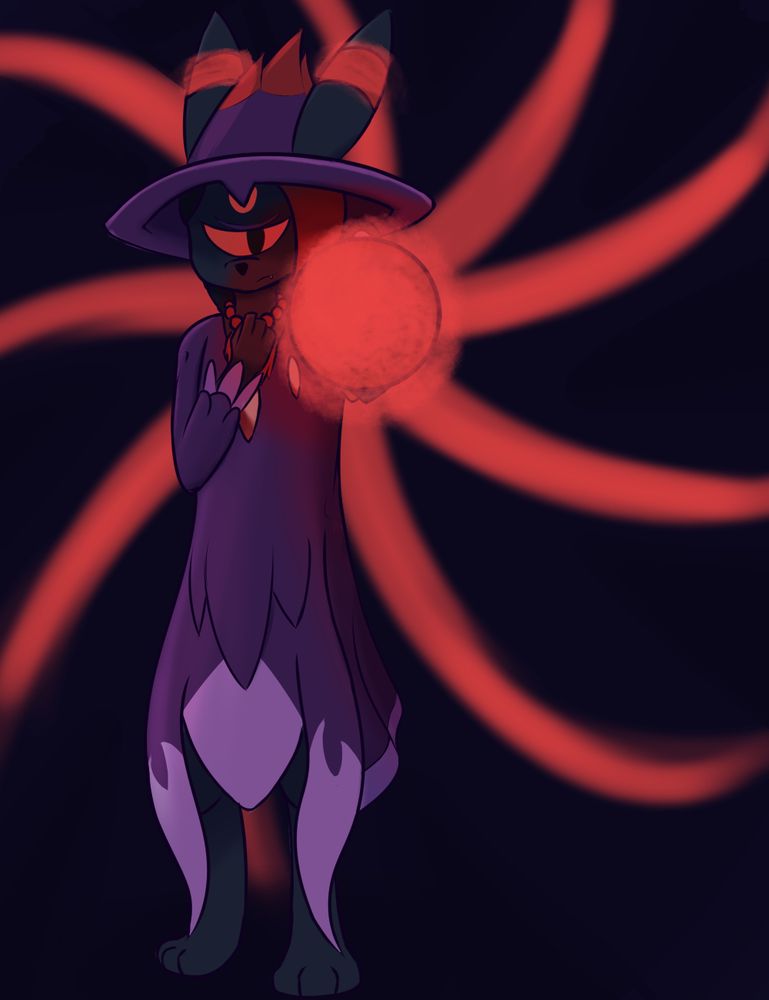 Drawing of my anthro umbreon oc, Bloodmoon, in new attire, with staff pointed at the user, charged.