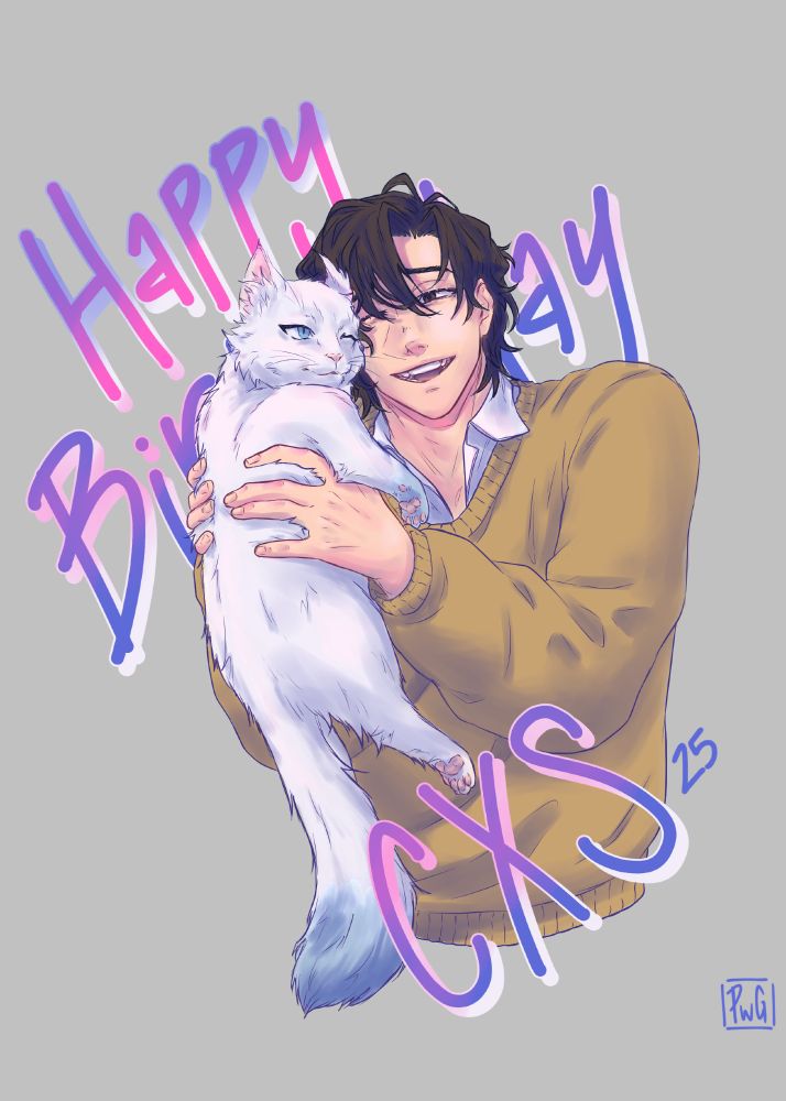 Cheng Xiaoshi in a yellow sweater squishing the cat-version of Lu Guang against his face and smiling. With test saying "Happy Birtday CXS '25"