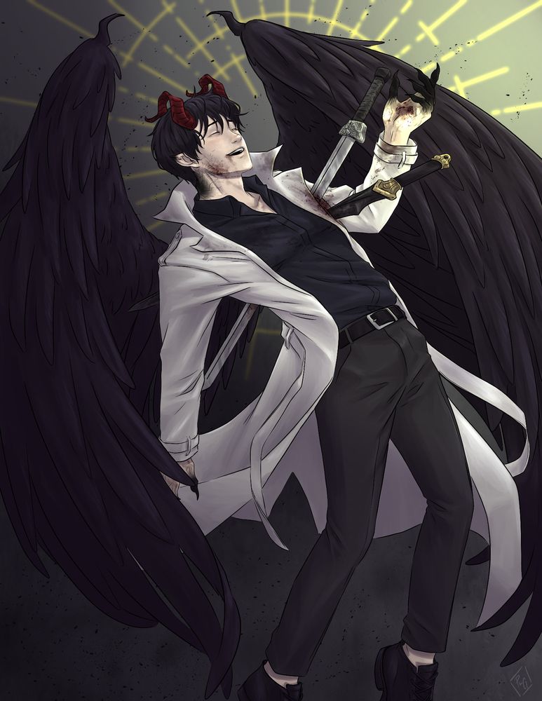 Kim Dokja with demon wings and horns. Two swords pierce his chest and a golden ring of light in the background.