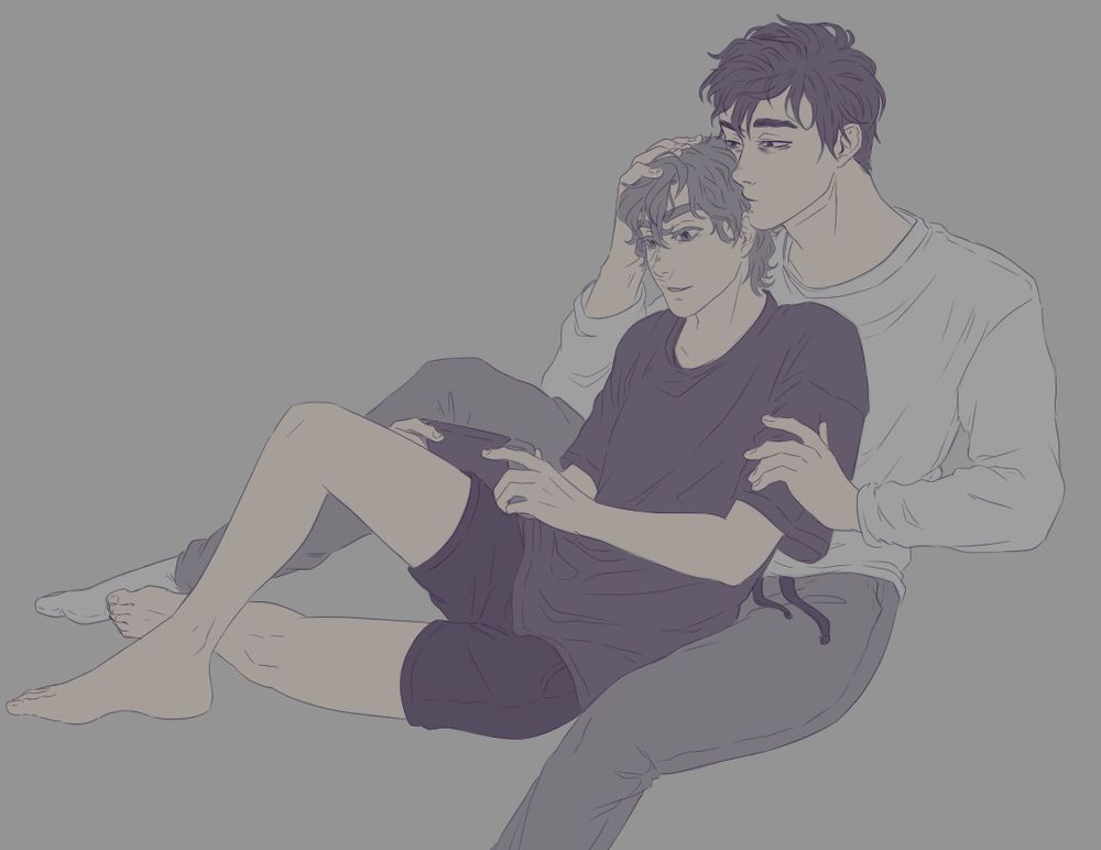 Two men cuddling. Holden is playing on the nintendo switch with their back up against Kaede's chest. Kaede is petting Holden's hair while planting a kiss on his head as well.
