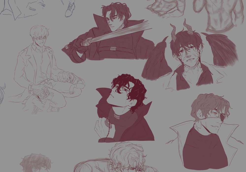 Single tone sketches of Yoo Joonghyuk and Kim Dokja in various poses