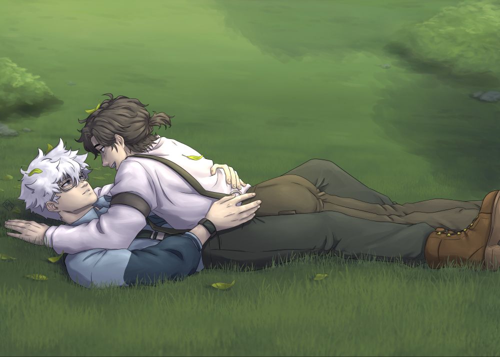 Lu Guang laying on his back in grass with Cheng Xiaoshi having fallen on top of him. Loose leaves are scattered around with some in their hair.