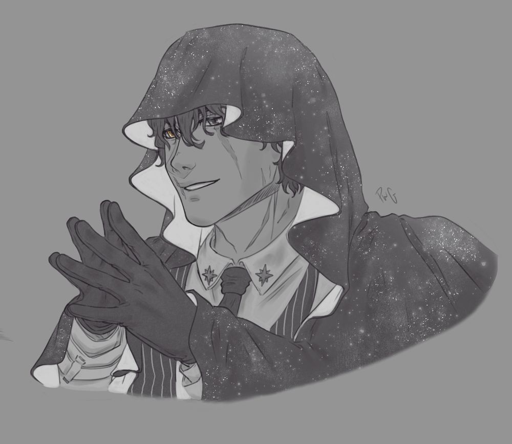 A grayscale drawing of the Secretive Plotter from Omniscient Reader's Viewpoint. He is wearing a hooded cloak with galaxies on it and his fingers are steepled. 