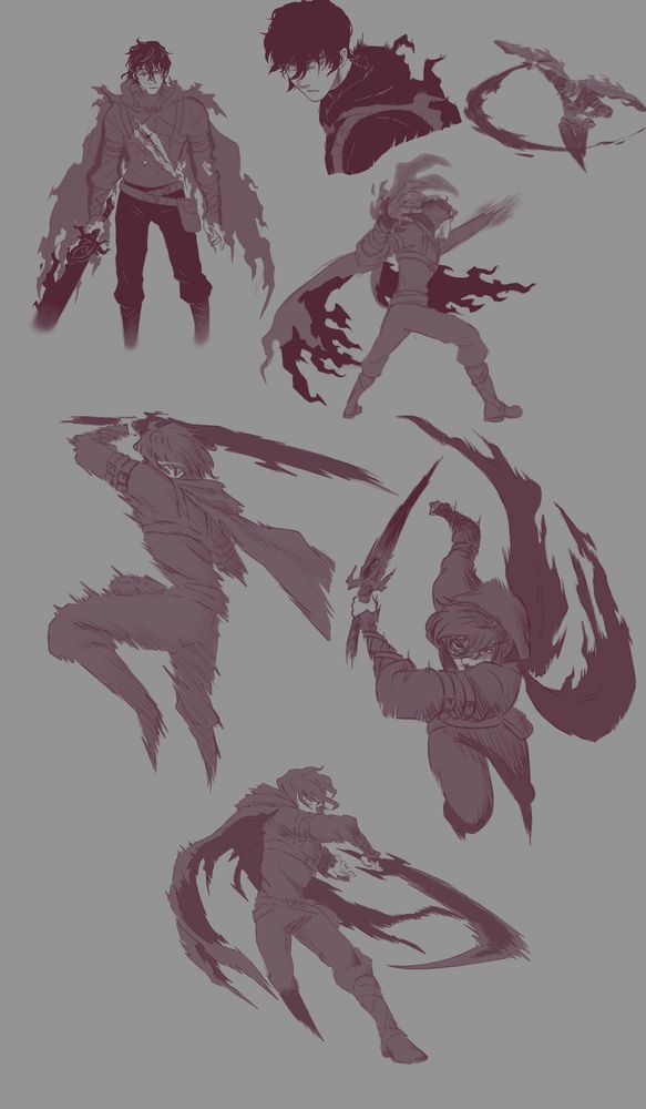 several sketched dynamic poses of a male with a wing-like shadowy cloak and a sword made of shadow