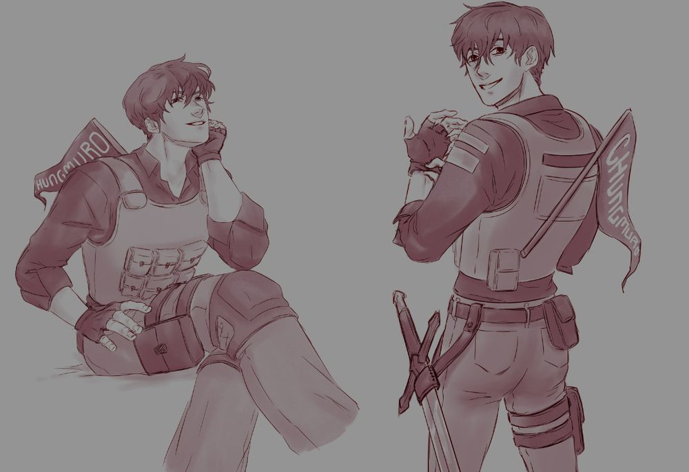 Kim Dokja in his combat gear and Chungmuro station flag from the Night of the Prophets. One sketch is him sitting cross legged with his elbow on his leg, hand propping up his face. The other he is pulling on gloves as he looks back at the viewer.