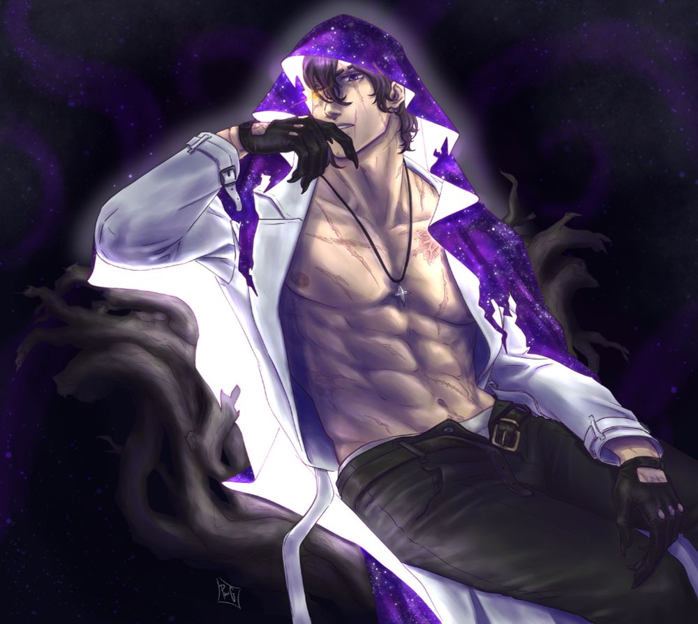 Secretive Plotter lounging in his chair of woven branches in a suggestive pose. He isnt wearing a shirt under his trench coat and his pants are unbuttoned with his belt hanging undone. His cosmic cloak glows, illuminating everything. 