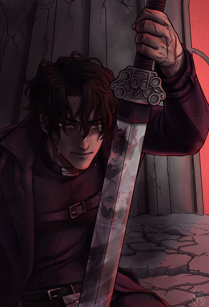 Yoo Joonghyuk sitting, crying and making a pained/sad face, as he props himself up with his sword. Kim Dokja in his demon form is reflected in the blade, reaching out towards YJH with a sad smile.