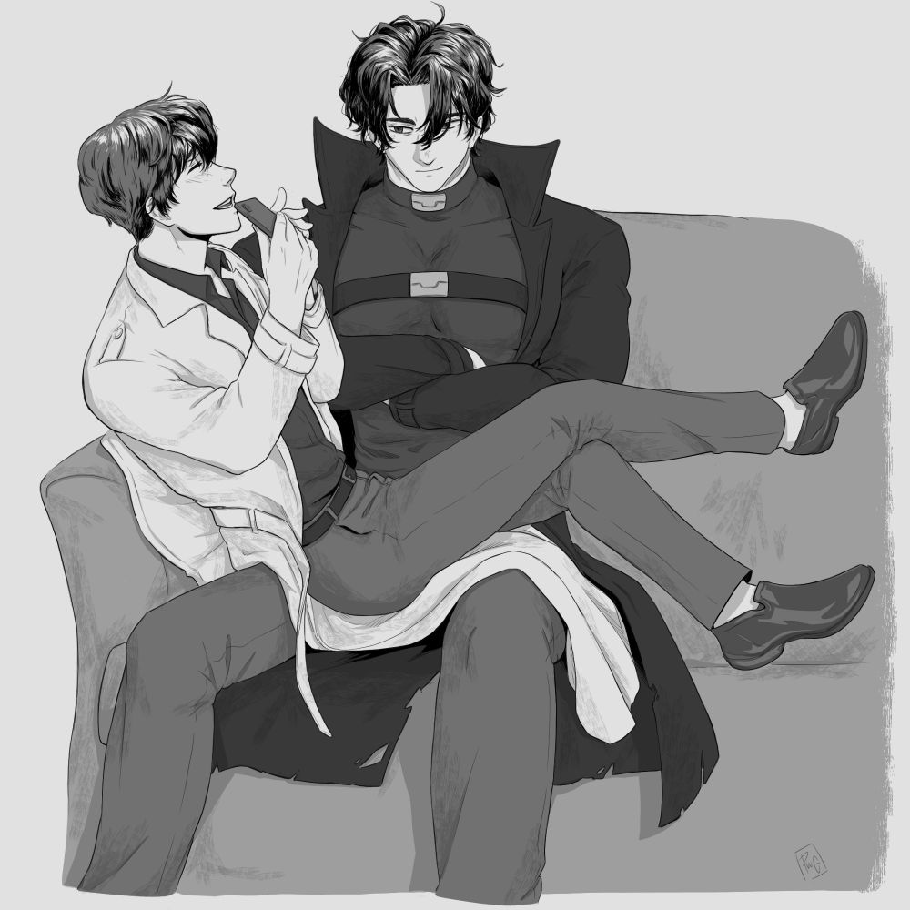 Kim Dokja and Yoo Joonghyuk sitting on a couch. KDJ is sitting across YJH's lap and laughing while holding his phone to his face. YJH has his arms crossed and has a faint smile.