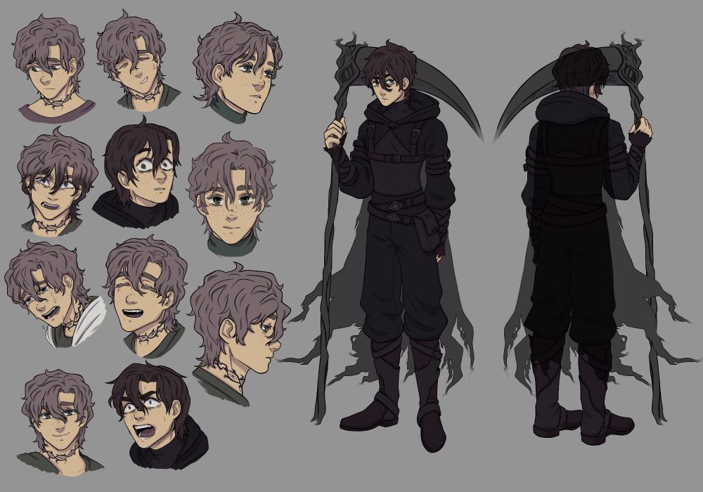A character reference sheet a male with a shadowy cloak and a scythe made of shadow. Includes various facial expression references.