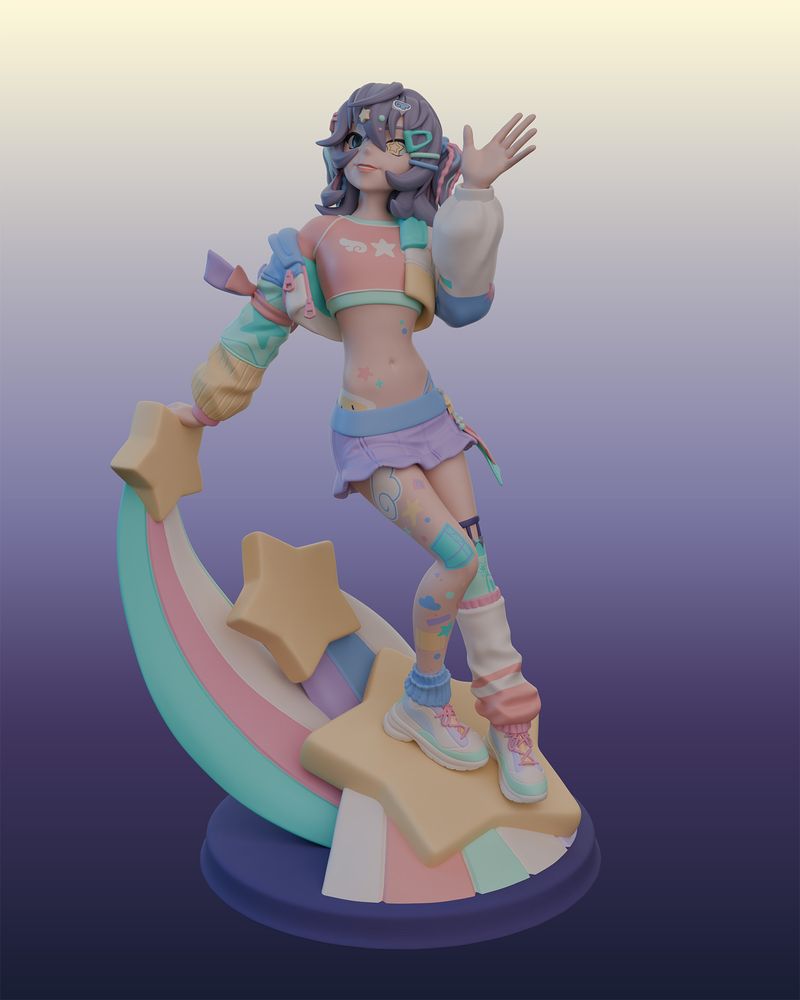 3d sculpt that appears to be sort of a collectible figure of an anime-ish girl who is waving. She's very bright and colorful, mostly pastel, wearing a jacket off one shoulder, a cropped tee beneath, and a miniskirt. One leg has legwarmers, the other is covered in bright tattoos. She has purple-grey hair and lots of hairclips of varying colors. The stand for the figure is three stars sweeping up, which she is standing on.