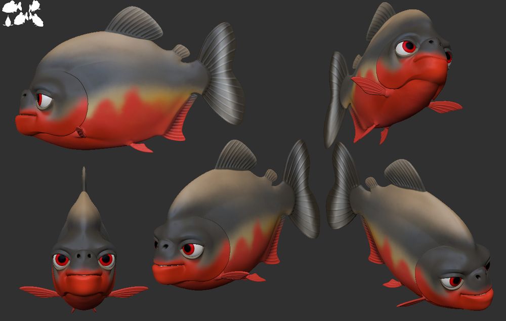 Zbrush screenshot, several images of a red bellied piranha in a kind of Finding Nemo-ish style, all from different angles. It's a WIP model, so not super detailed. 