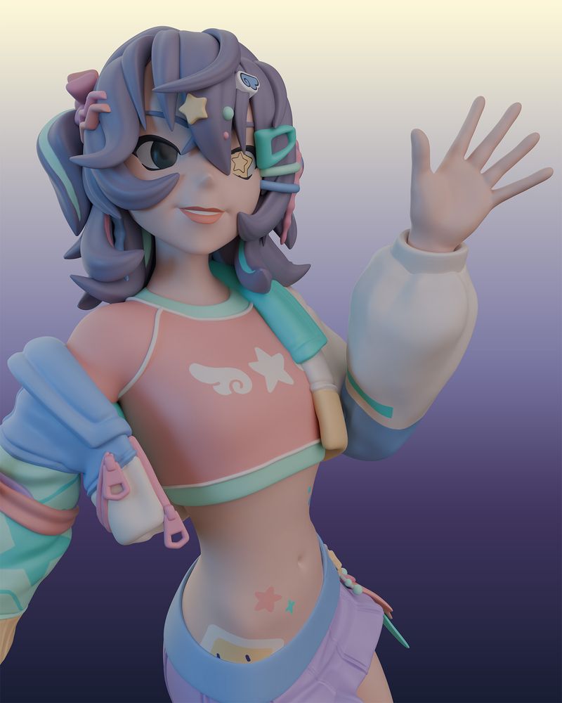 Same character as previous, close up at a slightly different angle. It's obvious she has one normal eye and one that's star shaped.