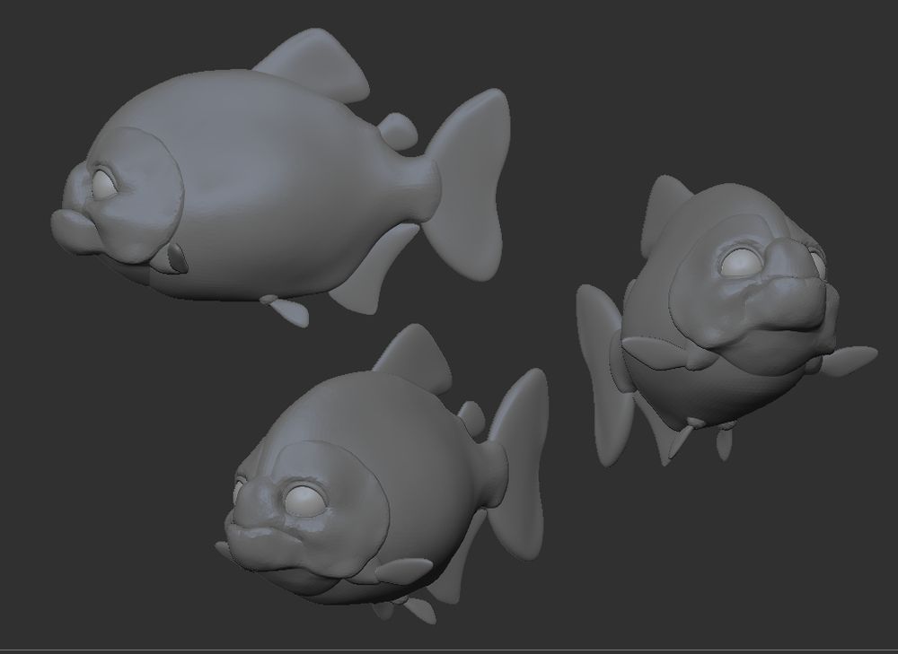 Three views of a WIP 3d sculpt still in grey, blocky, etc. It is a fish. Supposed to be a red bellied piranha but it's not done yet. Kind of in a Finding Nemo-ish style.
