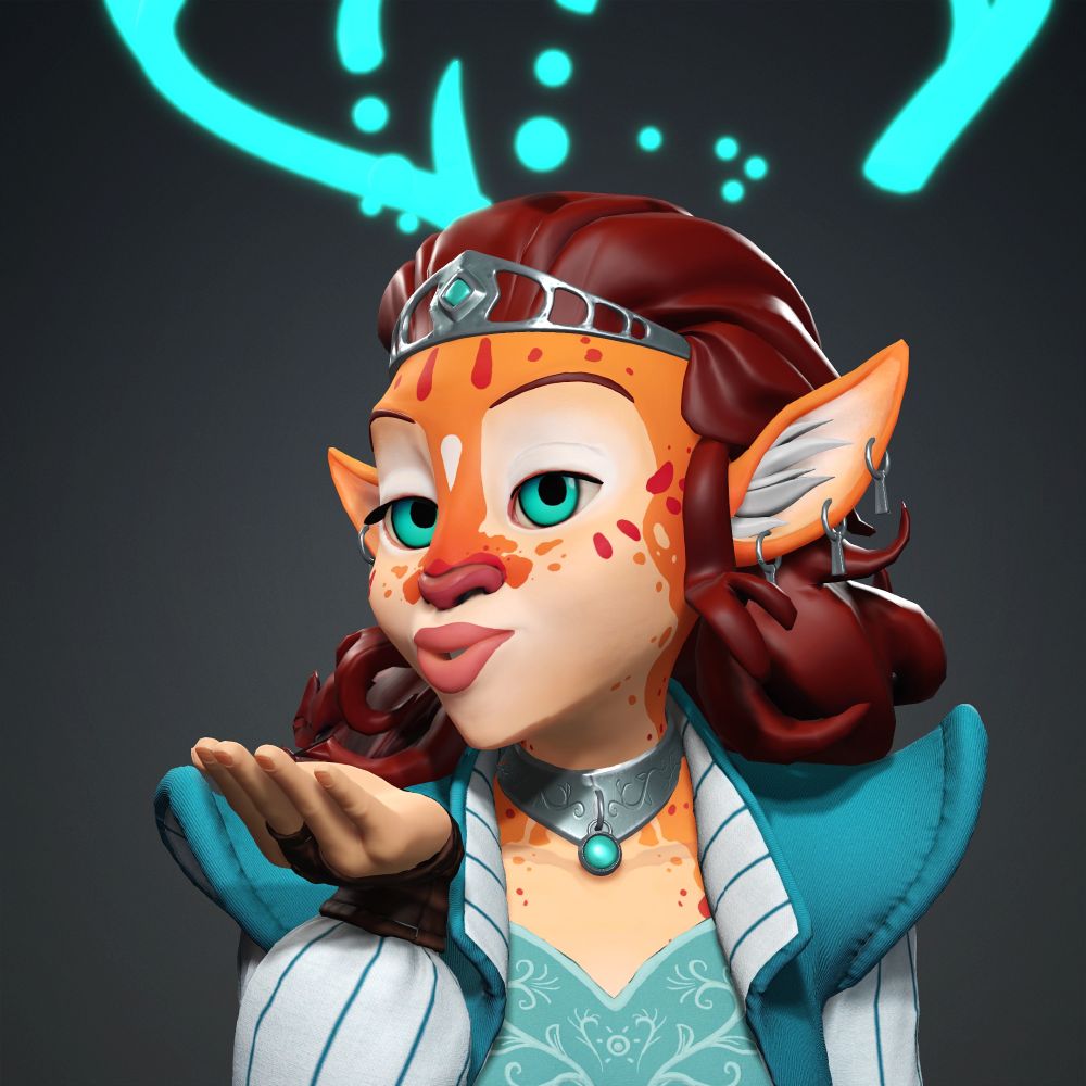 A 3d render of a not-quite-human lady who is blowing the viewer a kiss.. She has deer-ish ears and a kind of catlike nose. She appears to have glowing blue floating antlers above her head. She's orange/red themed as far as her skin and hair goes, but her outfit is blue.