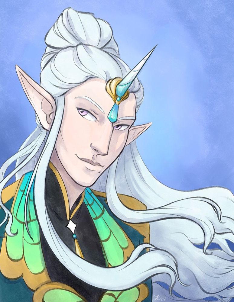 Painting of some elf-lookin' dude. He's got long white-ish hair and a fancy hair ornament thing that looks like a unicorn horn.