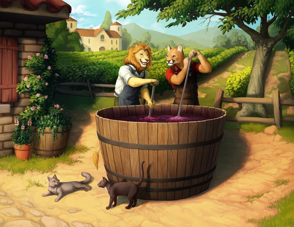Art commission for Ado, two anthro lions (one African, one Mountain) making wine