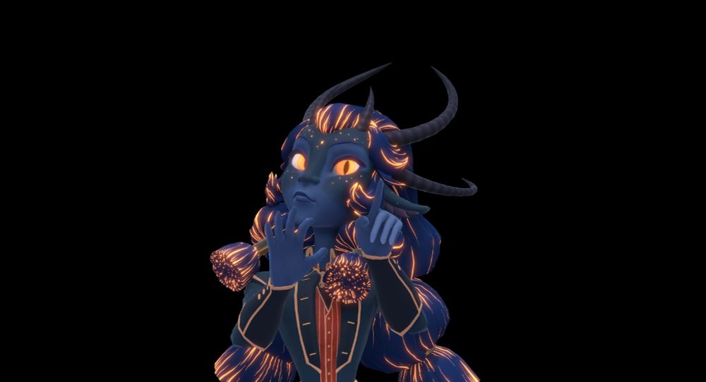 3d render of a vtuber model, waist up. She's relatively human shaped except she's blue and has six horns that sort of are antelope-y and ears to match. Her eyes are gold and have slits like cat eyes. Her hair is a darker blue but marked with glowing gold streaks, and she has similar gold glowing freckles across her face. 