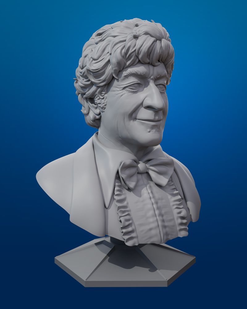 Realistic unpainted 3d digital sculpt of a bust of Jon Pertwee of Doctor Who fame. The base of the sculpt is shaped like the TARDIS console.
